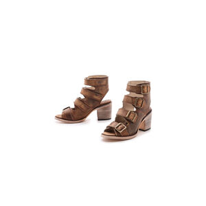freebird Brown Leather Buckle Strap Open-Toe Heeled Sandals